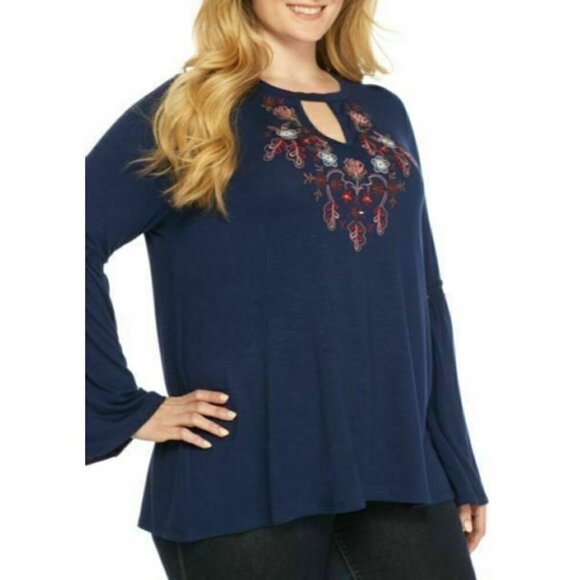 new Directions Pullover Keyhole Neck Long Bell Sleeves Blouse Plus Size 1X NWT - Picture 1 of 6